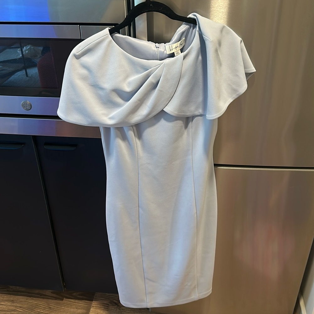 Cape Sleeve Scuba Crepe Sheath Dress in Light Blue